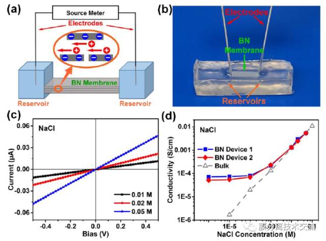 a)BN導管和(hé)測試裝置的(de)示意圖;b)BN導管置于聚二甲基矽氧烷中;c)在NaCl濃度為0.01,0.02,0.05M下(xià)的(de)I-V曲線;d)BN導管裝置和(hé)PH7溶液中的(de)離子(zǐ)電導率和(hé)NaCl濃度函數 a)BN導管和(hé)測試裝置的(de)示意圖;b)BN導管置于聚二甲基矽氧烷中;c)在NaCl濃度為0.01,0.02,0.05M下(xià)的(de)I-V曲線;d)BN導管裝置和(hé)PH7溶液中的(de)離子(zǐ)電導率和(hé)NaCl濃度函數